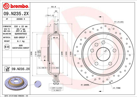 ЗАДНІЙ ГАЛЬМУВАЛЬНИЙ ДИСК 330X22 V XTRA BREMBO 09.N235.2X