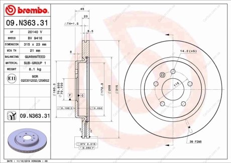Гальмівний диск BREMBO 09.N363.31 (фото 1)