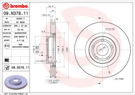 ПЕРЕДНИЙ ГАЛЬМУВАЛЬНИЙ ДИСК 308X27 V BREMBO 09.N378.11