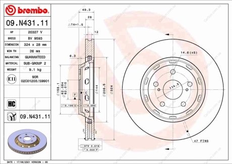 ПЕРЕДНИЙ ГАЛЬМУВАЛЬНИЙ ДИСК 324X28 V BREMBO 09.N431.11