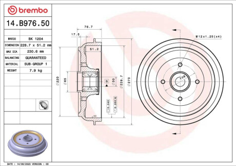 БАРАБАН З ПІДШИПНИКОМ 230,6Х51,2 BREMBO 14B97650