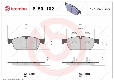 Комплект гальмівних колодок, дискове гальмо BREMBO P50102