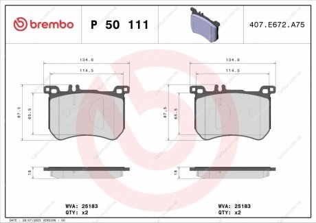 Комплект гальмівних колодок, дискове гальмо BREMBO P50111 (фото 1)