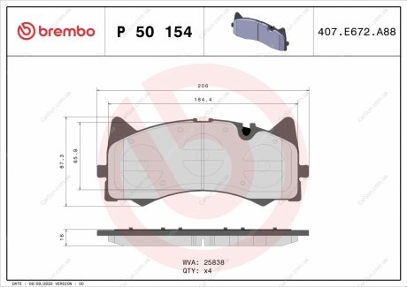 Комплект гальмівних колодок, дискове гальмо BREMBO P 50 154