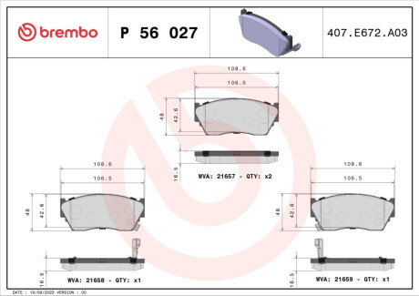 Колодки дискового тормоза BREMBO P 56 027