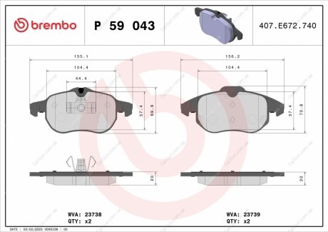 Комплект гальмівних колодок, дискове гальмо BREMBO P59043
