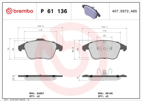 Гальмівні колодки дискові BREMBO P 61 136