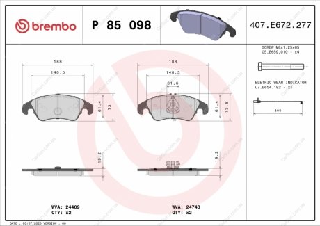 Комплект гальмівних колодок, дискове гальмо BREMBO P85098 (фото 1)