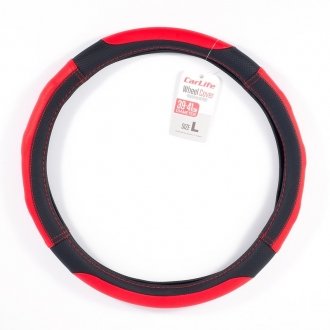 Чохол на кермо L (39-41 см) з екошкіри та білої гуми чорний з червоними вставками та перфорацією - CarLife SW125L
