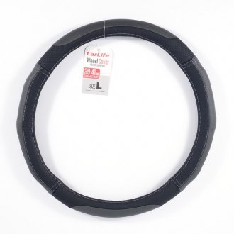Чехол на руль L (39-41 см) из экокожи и белой резины черный с 4-мя серыми вставками и перфорацией - CarLife SW126L (фото 1)