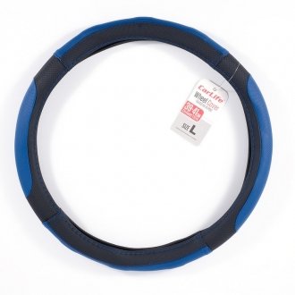 Чехол на руль L (39-41 см) из экокожи и белой резины черный с синими вставками и перфорацией - CarLife SW127L