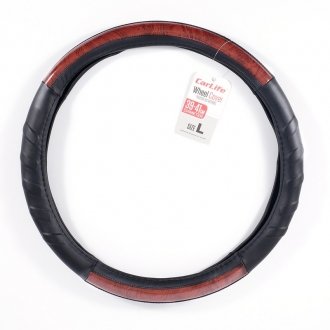 Чехол на руль L (39-41 см) из экокожи и белой резины черный с коричневыми вставками - CarLife SW129L (фото 1)