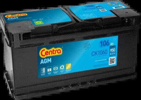 Аккумуляторная батарея 106Ah/950A (393x175x190/+R/B13) (Start-Stop AGM) (аналог EK1050) CENTRA CK1060