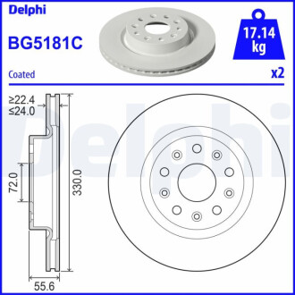 Диск гальмівний JEEP Wrangler "F D=330mm "17>> Delphi BG5181C