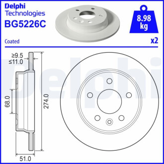 ЗАДНІЙ ГАЛЬМУВАЛЬНИЙ ДИСК 274X11 P Delphi BG5226C