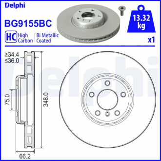 Диск гальмівний (передній) BMW 5 (F10/F11)/6 (F12/F13)/7 (F01-F04) 09- (348x36) (L) PRO+ Delphi BG9155BC