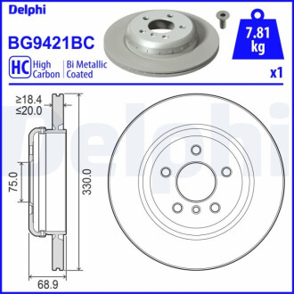 Tarcza hamulcowa tyЕ‚ L/P pasuje do: BMW 5 (F10), 5 (F11) 1.6-3.0H 06.09-02.17 Delphi BG9421BC