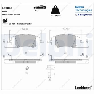 Комплект гальмівних колодок, дискове гальмо Delphi LP3840