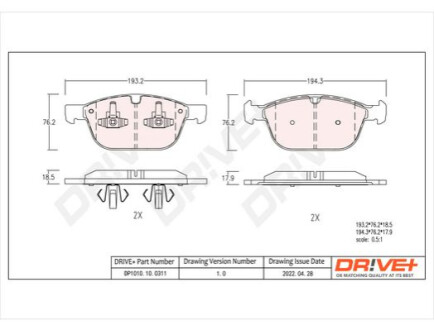 Комплект гальмівних накладок, дискове гальмо Dr!ve+ DP1010100311