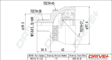 ШРКШ (зовнішній) Audi A4/A6/A8/VW Passat 94-05/Skoda SuperB 01-08 (38z/27z/59.5mm/98mm/34mm)(+ABS45z) Dr!ve+ DP2110101123