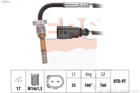 Датчик температуры выпускных газов Audi A4 (B9) 3.0TDI 18-/A6 (C8) 18-/Q5/Q7/Q8 18-/VW Touareg 3.0TDI 17- EPS 1.220.314