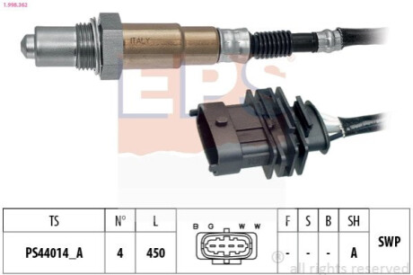 Лямбда-зонд Opel Astra J, Insignia, Meriva B, Zafira C, Corsa D (двиуни A12XEL, A12XER, A14XEL, A14XER, A14NEL, A14NET) EPS 1.998.362