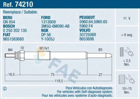 Свіча розжарювання FAE 74210