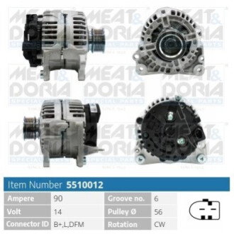 Генератор 14V 90A A3, Golf IV, Caddy III, Fabia I, Octavia I,II MEAT&DORIA 5510012