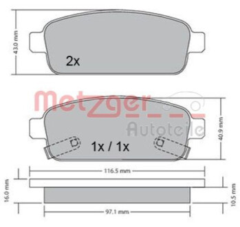 Колодки тормозные (задние) Opel Astra J 09 - R16 (Ate) METZGER 1170164 (фото 1)