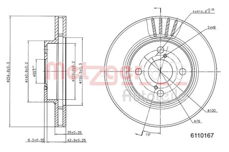 Диск гальмівний (передній) Toyota Corolla 01-07 (255x25) METZGER 6110167