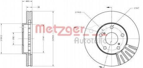 Диск тормозной (передний) Toyota Camry 2.2-3.0 91-06 (275x28) (вентилируемый) METZGER 6110624