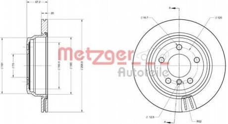 Диск гальмівний (задній) BMW 3 (F30/F31)/ 4 (F32/F36) 11- (300x20) (з покриттям) (вент.)(з отворами) METZGER 6110744 (фото 1)
