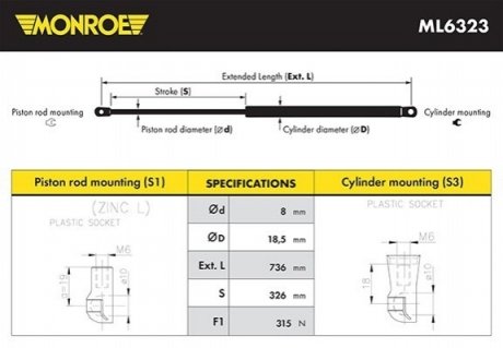 Амортизатор багажника и капота - (53440AA010 / 53440AA011) MONROE ML6323 (фото 1)
