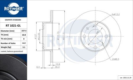 Диск тормозной Rotinger RT1021GL