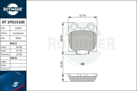 Комплект гальмівних накладок, дискове гальмо Rotinger RT1PD15100