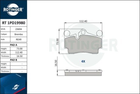 Колодки тормозные дисковые комплект Rotinger RT1PD19980