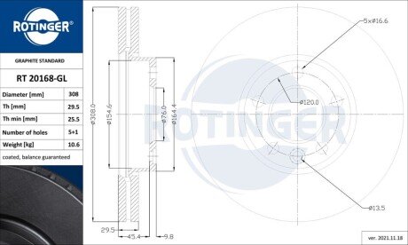 Диск тормозной Rotinger RT 20168 GL