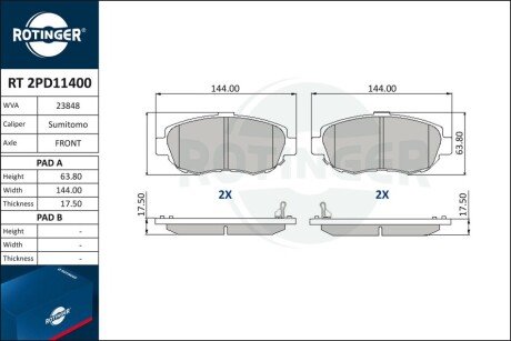 Колодки тормозные дисковые комплект Rotinger RT2PD11400