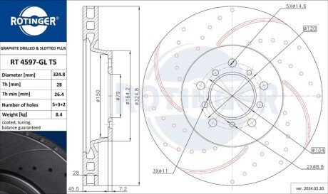 Диск тормозной с перфорацией и слотированием с графитовым покрытием Rotinger RT4597-GLT5