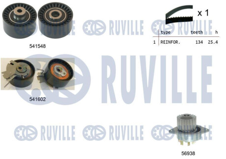 Комплект ГРМ + помпа Citroen Berlingo/Xsara/C3/C4/Peugeot 206/301/307/Partner 1.6 0- (25.4x134z) RUVILLE 5502861