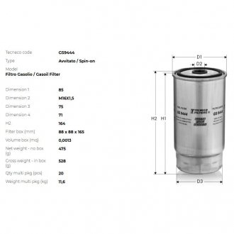 Фильтр топливный (h144mm) Bmw 318/525/530/725/730 Diesel Tecneco GS9444 (фото 1)