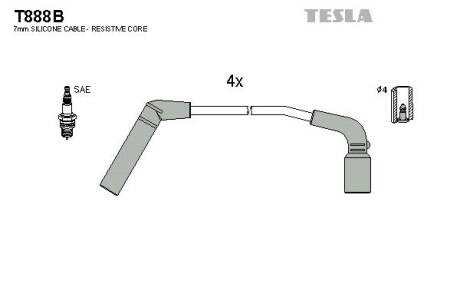 Провід свічковий Матіз 1,0/Авео 1,2 (силікон) Tesla Tesla Motors T888B (фото 1)