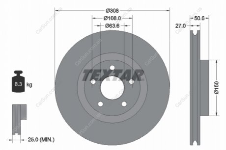 ПЕРЕДНИЙ ГАЛЬМУВАЛЬНИЙ ДИСК 308X27 V TEXTAR 92306703 (фото 1)