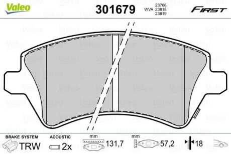 Гальмівні колодки дискові TOYOTA Corolla "1,4-2,0 "F "01-07 Valeo 301679