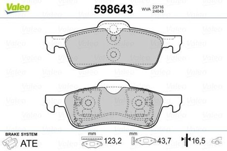 Гальмівні колодки, дискове гальмо (набір) Valeo 598643