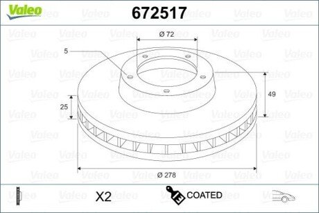 ПЕРЕДНИЙ ГАЛЬМУВАЛЬНИЙ ДИСК 278X25 V Valeo 672517