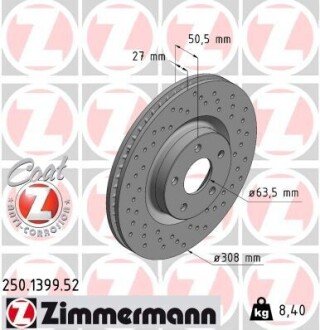 Диск гальмівний (передній) Ford Focus 1.0/1.5 EcoBoost/2.0 EcoBlue 18- (308x27) PRO ZIMMERMANN 250.1399.52